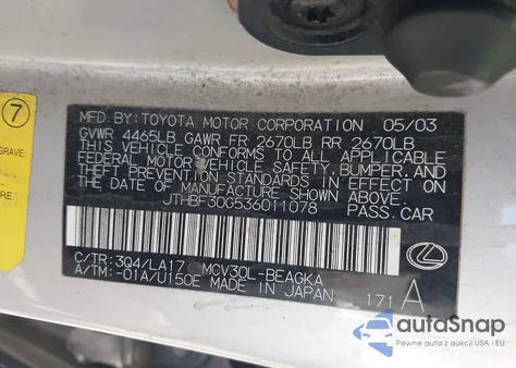 2003 Lexus Es 300 from USA, damaged, VIN JTHBF30G536011078